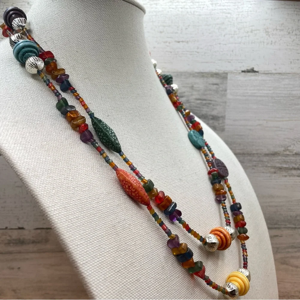 Beautiful Unsigned Multi Color Seed Bead Beaded Long Statement Necklace